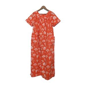 Vintage Sears Cotton Orange Muumuu Summer Day Dress Pockets Hawaiian B48 L 80s